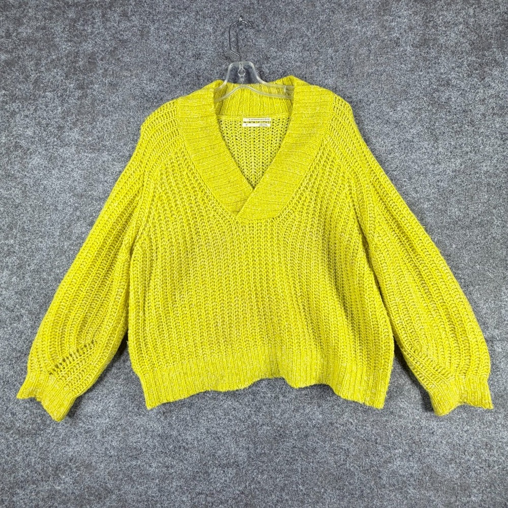 Anthropologie Sweater Womens Medium Petite Yellow Chunky Knit Pullover V-Neck